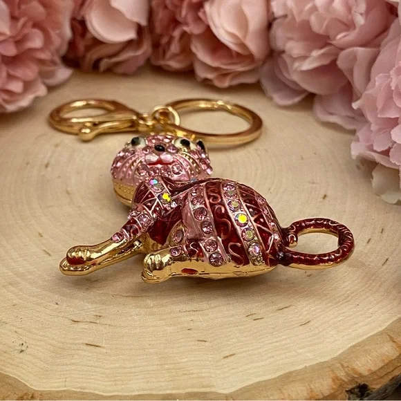 Pink Striped Crystal Egyptian Tabby Cat Keychain Charm - Picture 12 of 16